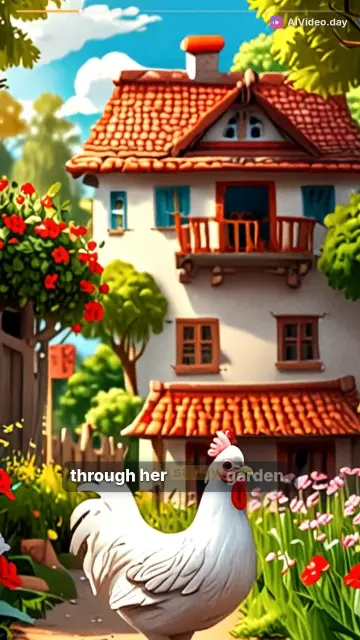 Cute White Hen Walking in Sunny Garden